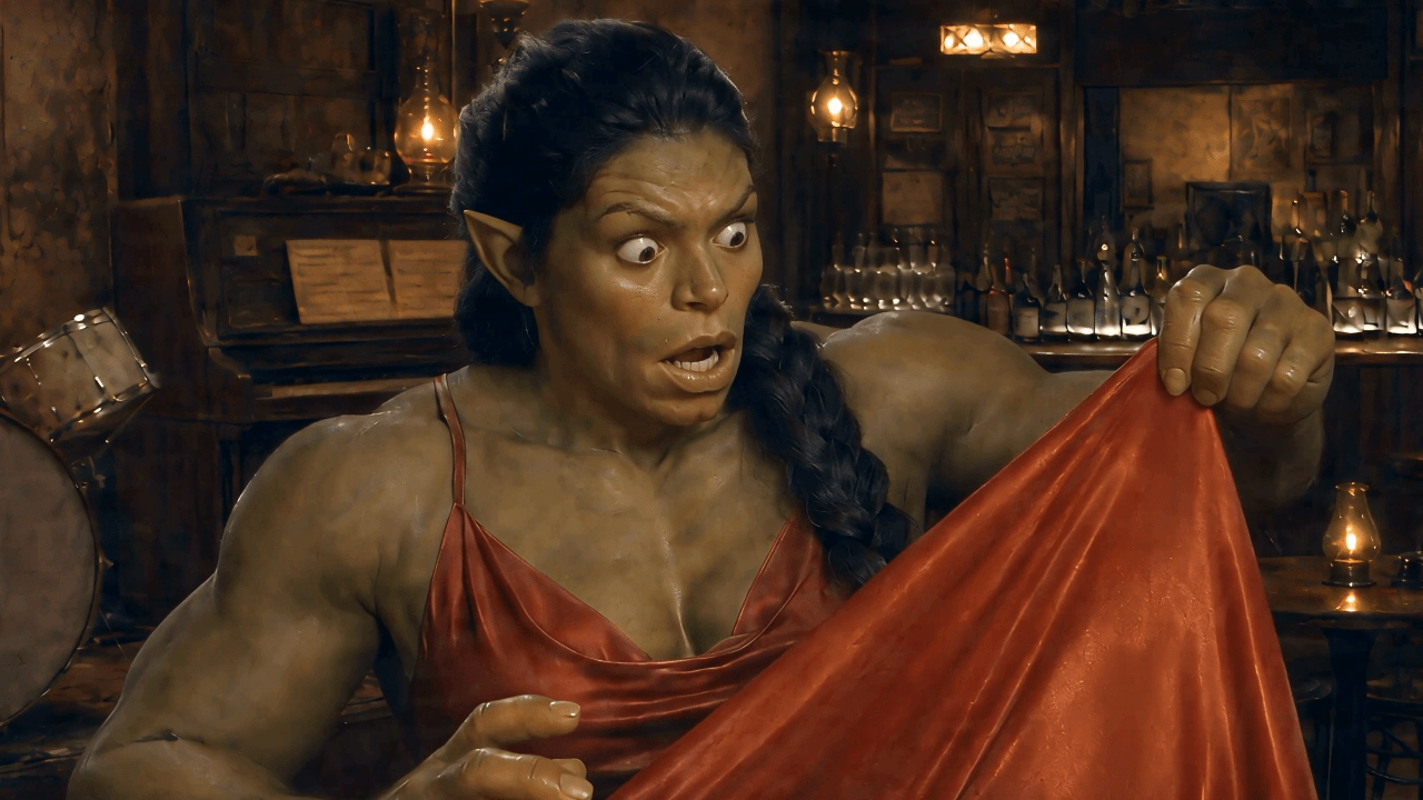 Still from the animated HoloArcade beta trailer: an orc in a red dress sitting in a tavern