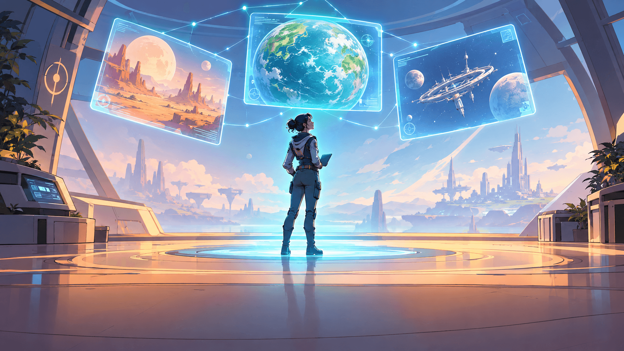 A figure bathed in cyan light stands in a holo-chamber surrounded by floating panels of worlds, linked by threads of light.