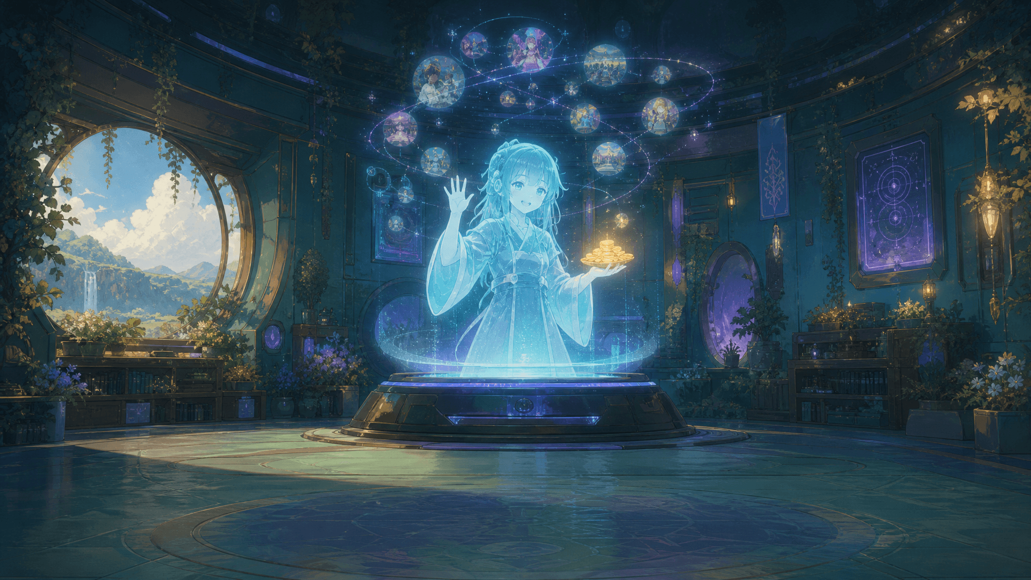 A luminous holo-chamber where a friendly holographic character waves in greeting, glowing memory threads spiraling gently from her head into a soft constellation above