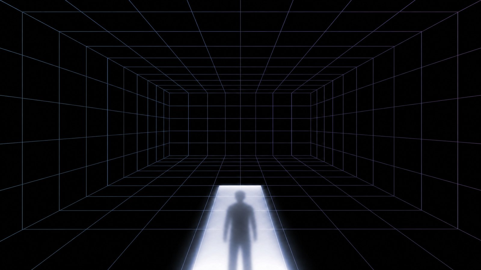 A person standing in the door that leads to an empty holo-chamber